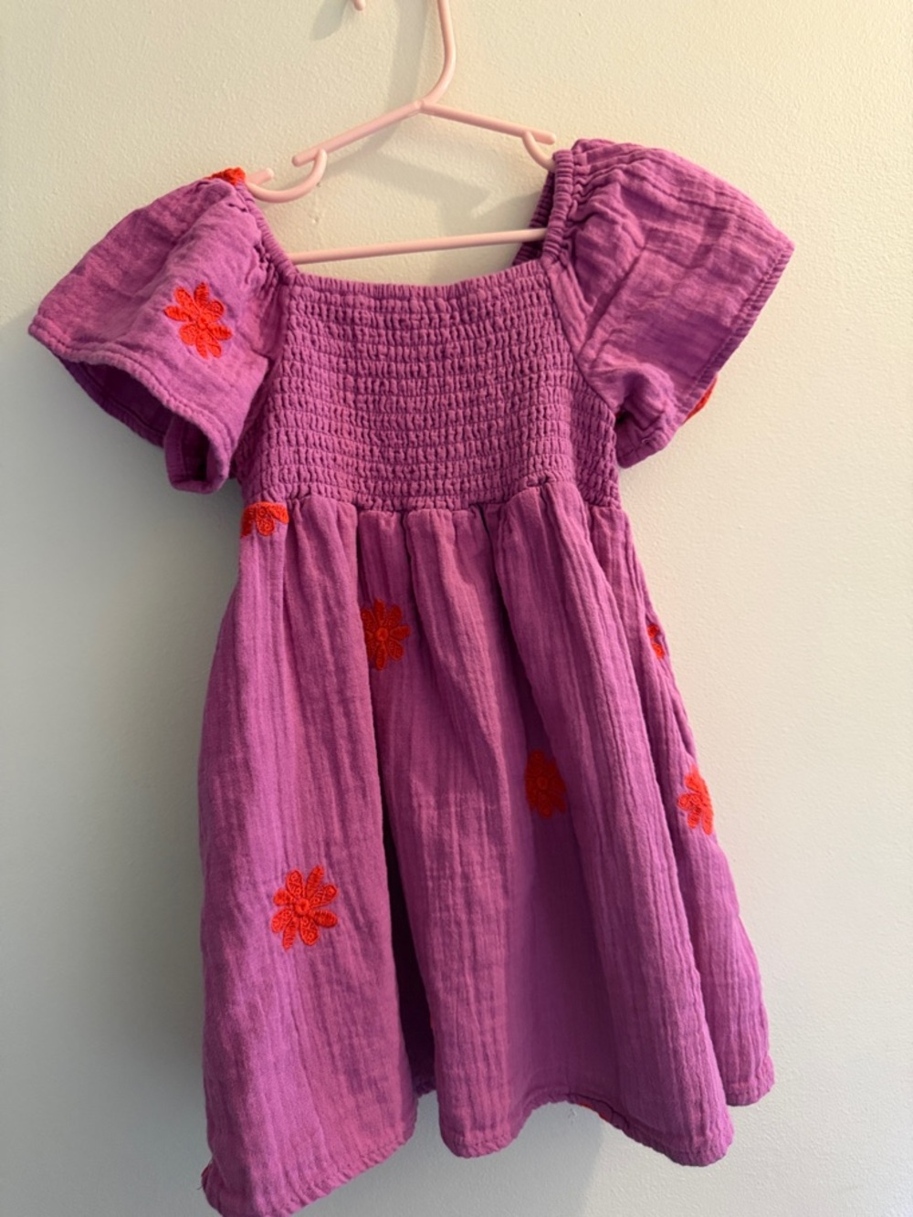 Cat & Jack Purple Puff-Sleeve Smocked Dress with Orange Floral Accents Toddler